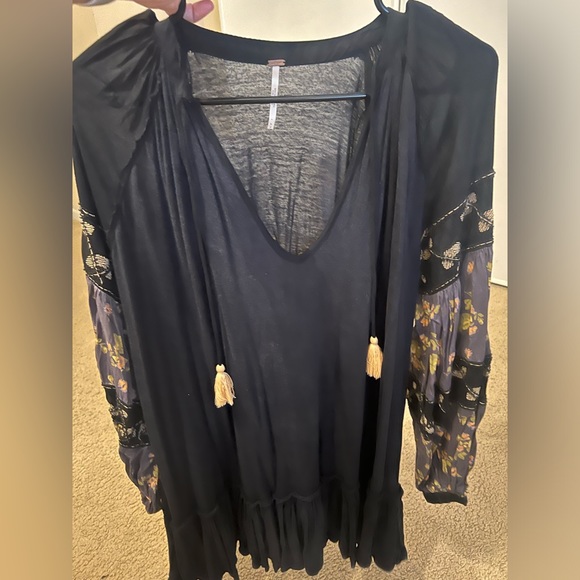 Free People Mix it Up Balloon Sleeve Floral Beaded Tunic Mini Dress Blouse Boho - Picture 6 of 9